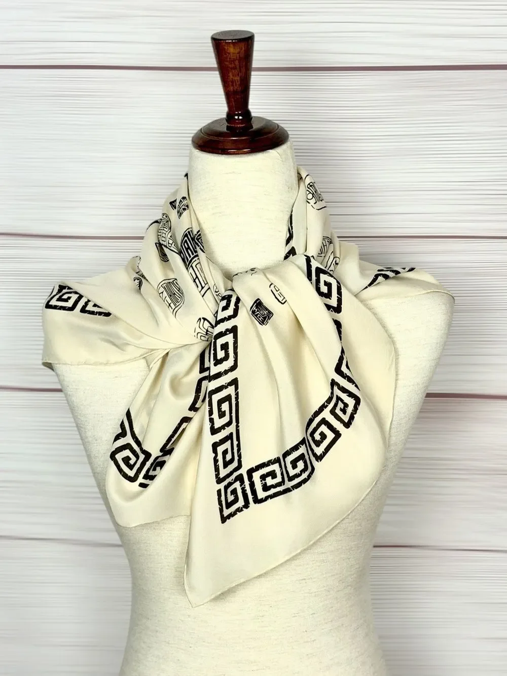 Vintage Chinese Seal Script Silk Scarf Cream Hand Rolled Shanghai China 31x31